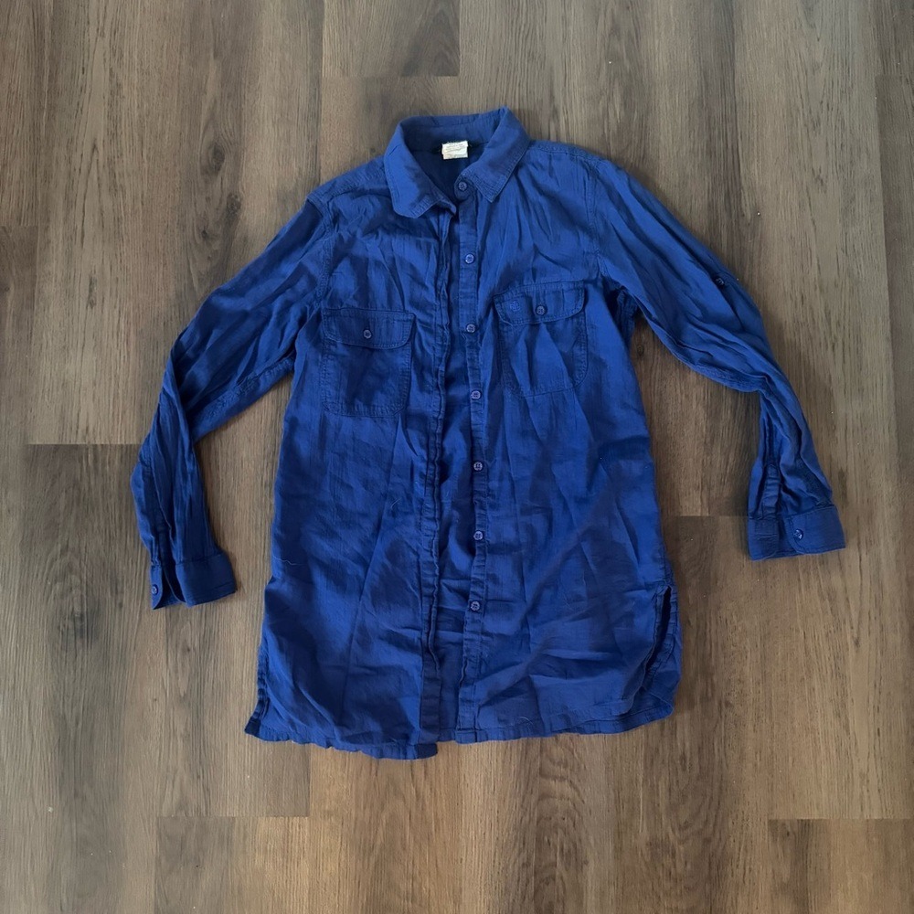 Lauren Ralph Lauren‎ Royal Blue Cotton Roll-Tab Sleeve Button Down Tunic Shirt S